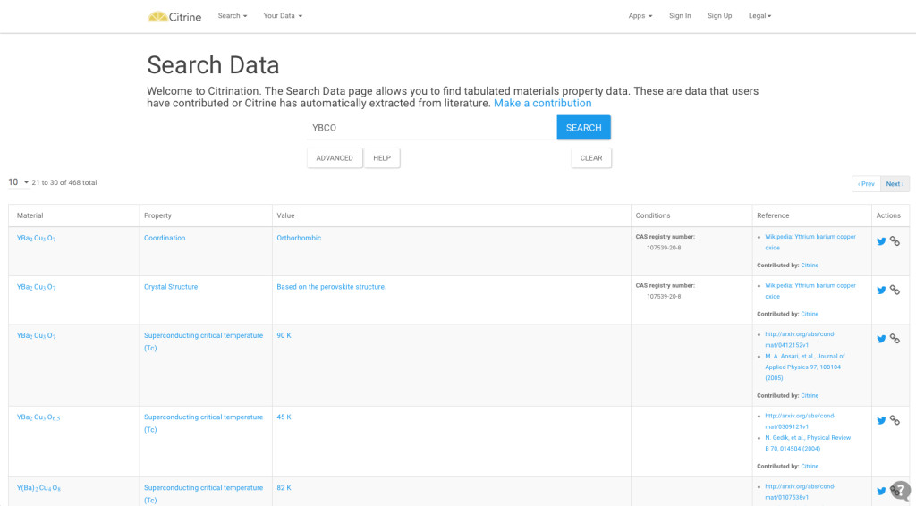 Citrine Informatics basic research tool (Citrination) showing database results for a basic search on YBCO, a common superconductor.