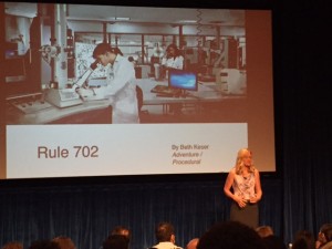 Winner Beth Keser, PhD, pitches her show "Rule 702" at the Next MacGyver competition. ©2015 ScriptPhD.com